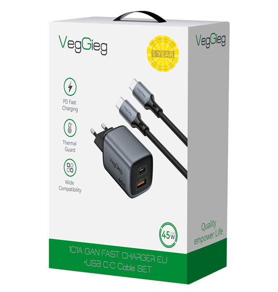 Bộ Sạc Nhanh 45W USB-C to USB-C VegGieg V-M118 | Sạc PD siêu nhanh
